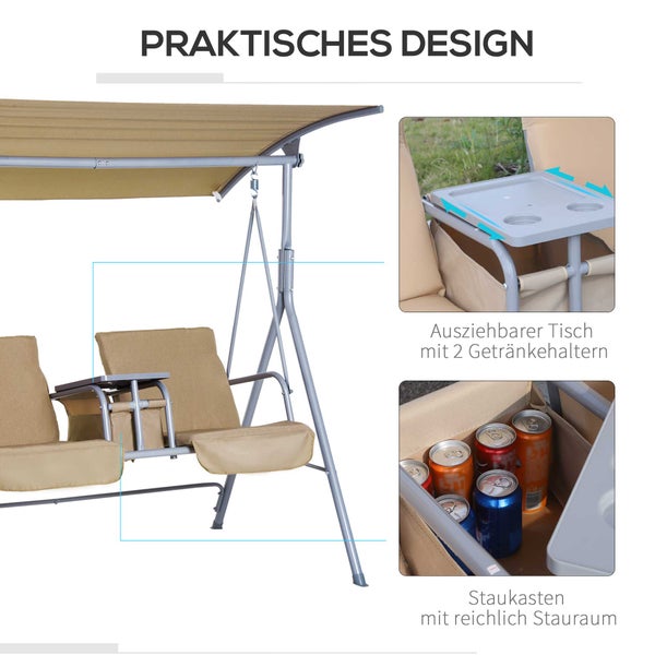 Outsunny Hollywoodschaukel, 2-Sitzer, mit Sonnendach, 175 x 112 x 165 cm, Metall, Polyester, Oxford, Beige