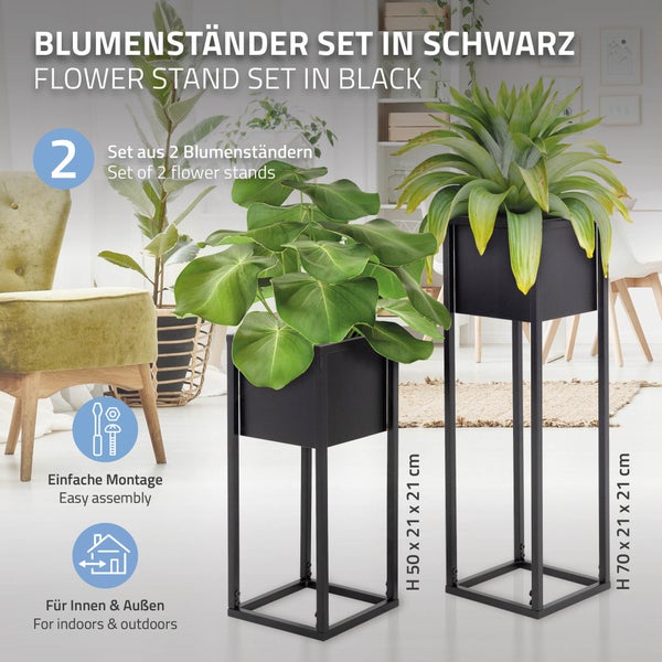 ML-Design Blumenständer im 2er Set, Schwarz, 21 x 50/70 x 21 cm, Moderne Blumentopfständer mit Übertopf, Wetterfeste und robuste Pflanzenständer aus Metall, Blumentopfhalter 2-tlg, Pflanztopf Deko