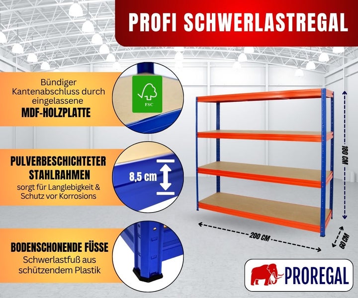 PROREGAL Logo. Professionelles Schwerlastregal, Stahl, FSC-zertifizierte MDF-Platten. 180 mal 200 mal 60 Zentimeter. Profilhöhe 8,5 Zentimeter.