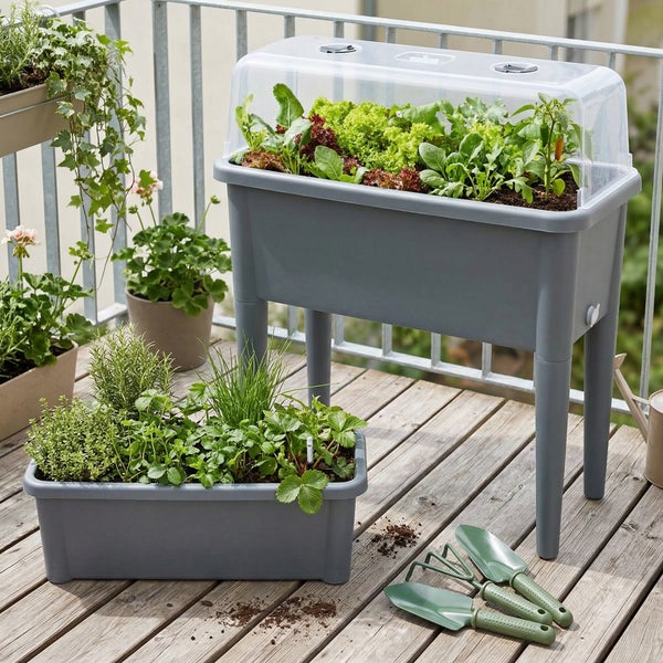 Hochbeet auf Beinen mit transparenter Haube und rechteckiger Pflanzkasten auf Holzbalkon mit Kräutern, Salat und Gartenwerkzeug.