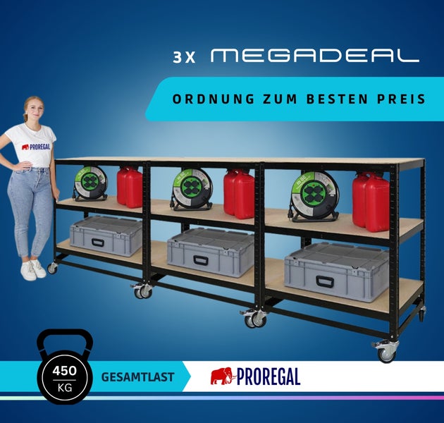 Proregal Schwerlastregal auf Rollen, 3er-Set Werkbänke mit 450 Kilogramm Gesamtlast, inklusive Kabeltrommeln, Kanistern und Boxen.