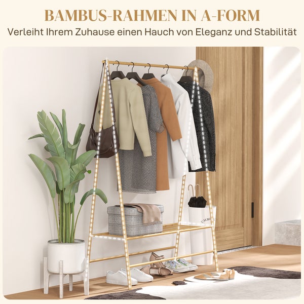 HOMCOM Kleiderständer Garderobenständer mit Ablagen, Haken, Kleiderstange, Garderobe aus Bambus für Schlafzimmer, Ausstellungen, Waschküche, Waschküche, Naturholz