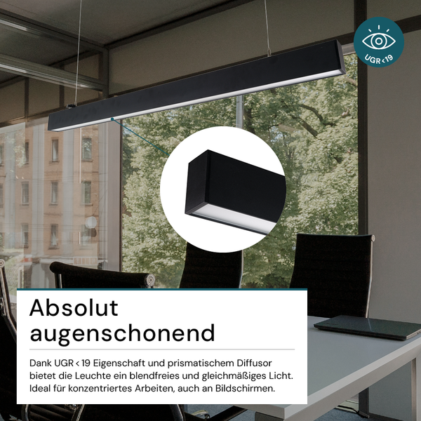 LUXULA LED Büroleuchte 120cm Tresenleuchte Schwarz Up&Down Light Hängeleuchte UGR<19 CCT Pendelleuchte erweiterbar Warm-Kaltweiß