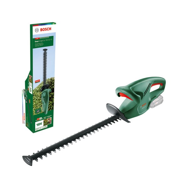 Bosch Akku-Heckenschere EasyHedgeCut 18 Volt mit 52 Zentimeter Messerlänge, Originalverpackung und Bosch Logo.