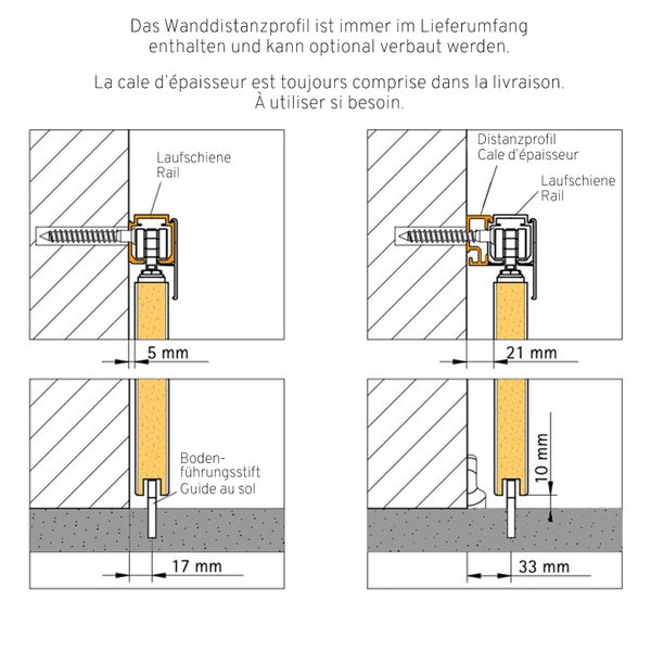 Technische Zeichnung zur Montage einer Schiebetür mit und ohne Wanddistanzprofil inklusive Maßen in Millimeter für Laufschiene und Bodenführung.