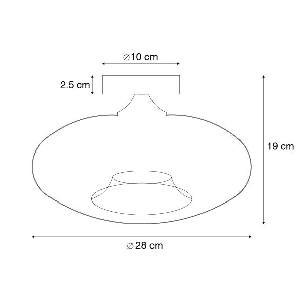 Technische Zeichnung einer Deckenleuchte mit den Maßen 28 cm Durchmesser, 19 cm Höhe und einem Baldachin von 10 cm Durchmesser und 2,5 cm Höhe.