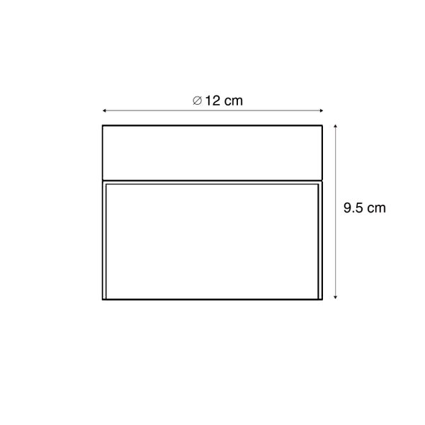 Maßzeichnung mit Durchmesser 12 Zentimeter und Höhe 9,5 Zentimeter.