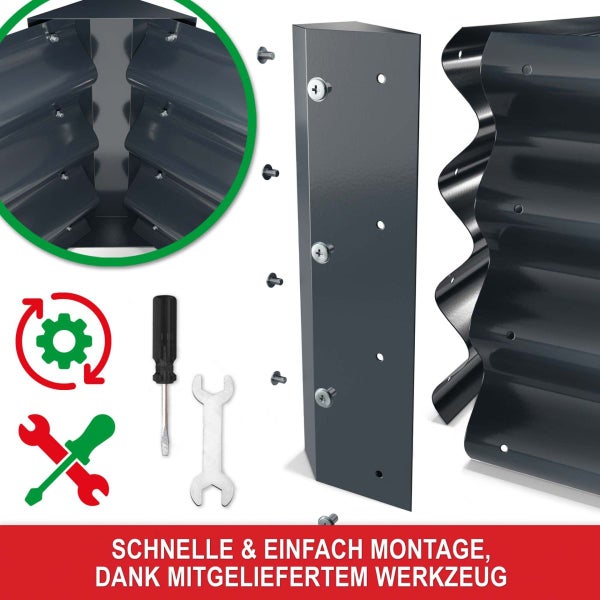 Detailansicht der Montage eines Metall-Hochbeets mit Eckprofil, Wellblech, Schrauben sowie beiliegendem Schraubendreher und Maulschlüssel.