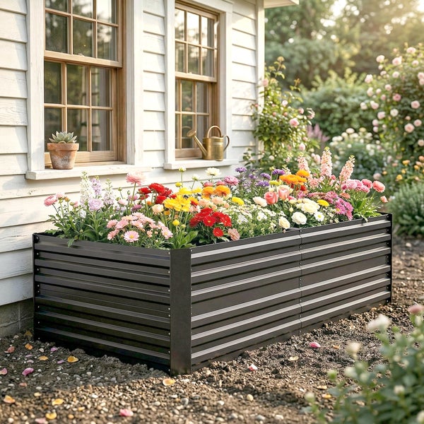 Rechteckiges Hochbeet aus dunklem Wellstahl vor einer hellen Hauswand, bepflanzt mit bunten Blumen in einer hellen und organisierten Gartenumgebung.