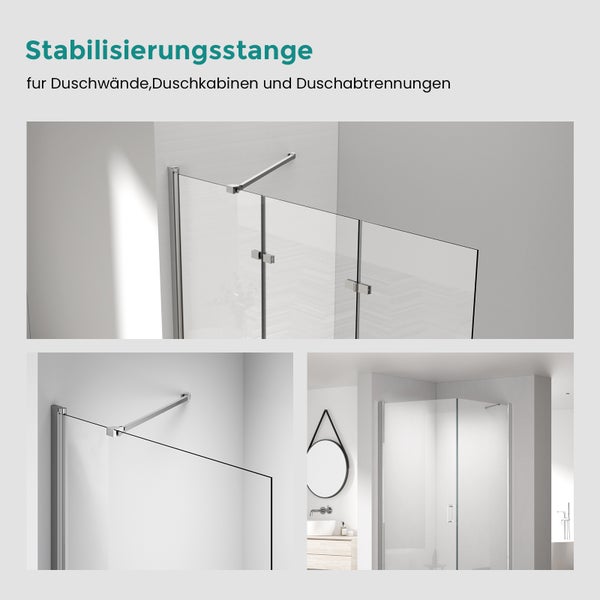 Stabilisierungsstange für Duschwände und Duschkabinen, montiert an einer Glaswand im Badezimmer.