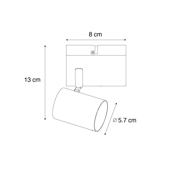 Maßzeichnung eines Wandstrahlers mit den Maßen: Höhe 13 Zentimeter, Breite 8 Zentimeter und Strahler Durchmesser 5,7 Zentimeter.