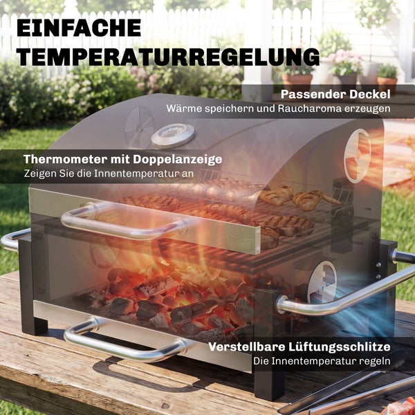 Holzkohlegrill mit Deckel, Thermometer und verstellbaren Lüftungsschlitzen zur einfachen Temperaturregelung.