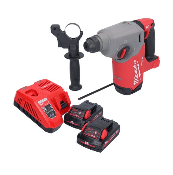 Milwaukee Akku-Bohrhammer-Set mit zwei M18 Akkus, Ladegerät, Zusatzhandgriff und Tiefenanschlag.