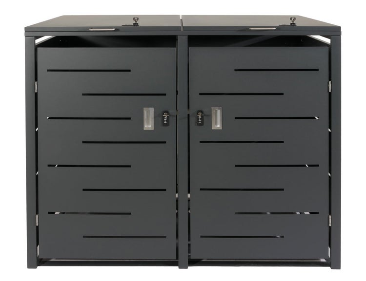 Mülltonnenbox für zwei Tonnen aus Metall in Anthrazit mit dekorativen horizontalen Schlitzen und Schlössern.