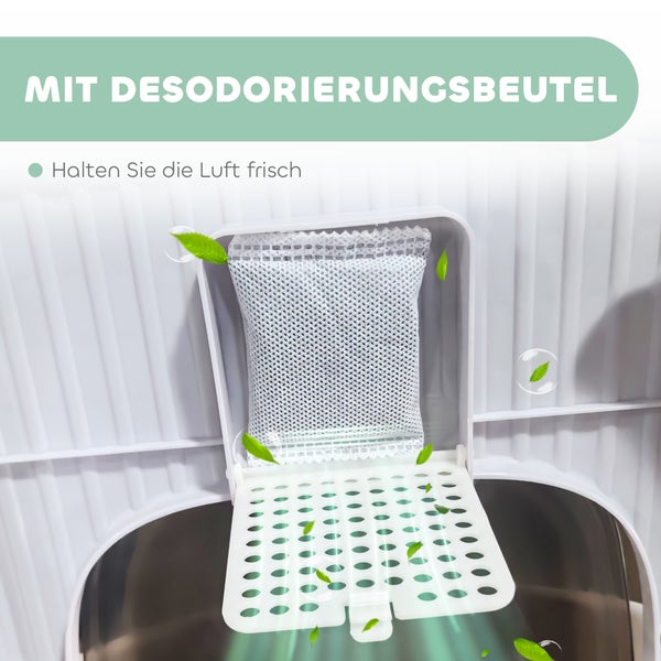 Desodorierungsbeutel in einem weißen Kunststoffgehäuse eines Mülleimers zur Lufterfrischung.