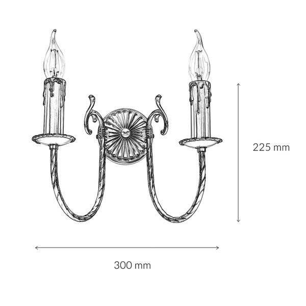 Wandleuchte mit zwei Leuchtenarmen und Maßangaben 225 mm Höhe und 300 mm Breite