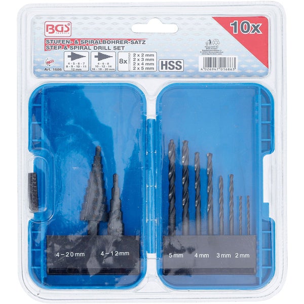 BGS Technic Stufen und Spiralbohrer Satz, 10-teilig im Kunststoffkoffer