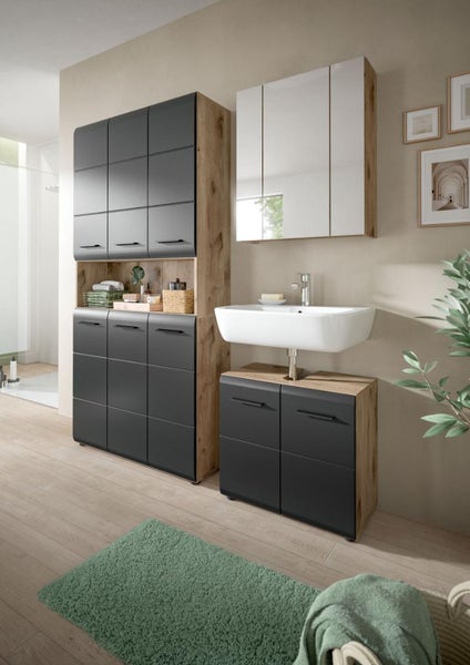 Moderne Badezimmermöbel-Set mit dunkelgrauen Fronten und Holzoptik-Korpus, inklusive Hochschrank, Waschbeckenunterschrank und Spiegelschrank.