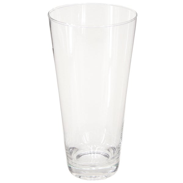 Hohe konische Glasvase aus transparentem Glas.