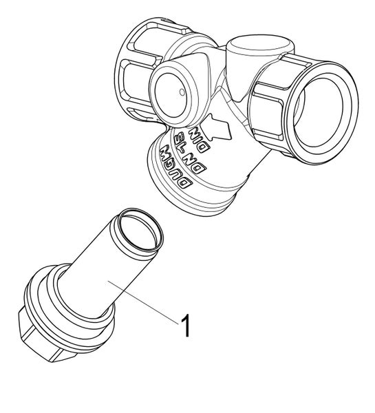 Technisches Liniendiagramm eines T-Stücks mit Gewindeanschlüssen und einem separaten Einsteckelement mit der Ziffer eins markiert.