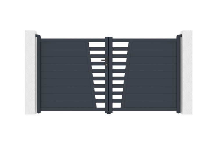 Modernes anthrazitfarbenes Aluminium-Doppeltor mit horizontalen Lamellen und dekorativem Mittelteil zwischen zwei weißen Pfeilern.