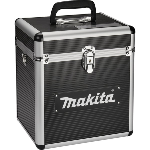 Makita Werkzeugkoffer mit Aluminiumrahmen, schwarzer Oberfläche, Tragegriff und Metallverschluss.