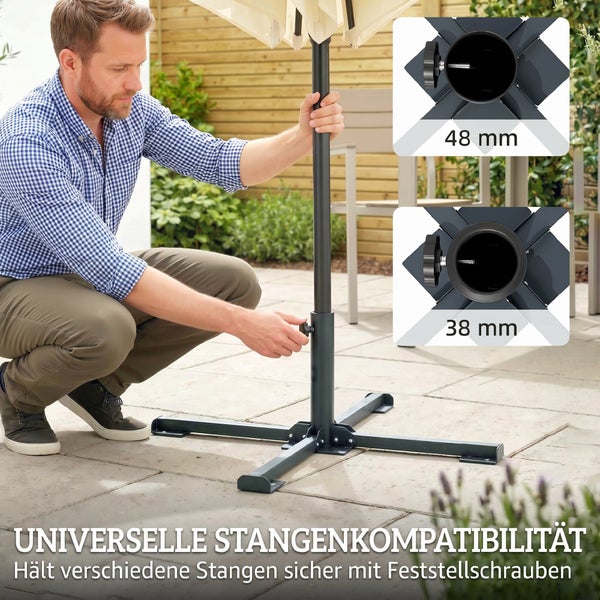 Universeller Sonnenschirmständer für Stangen mit 38 Millimeter und 48 Millimeter Durchmesser, einstellbar mit Feststellschraube.