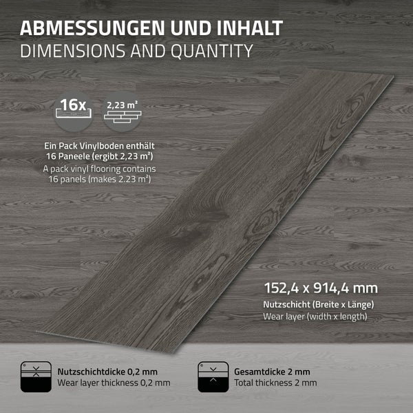 Infografik mit technischen Spezifikationen zu einem Vinylboden Paneel inklusive Menge, Abmessungen, Nutzschichtdicke und Gesamtdicke.