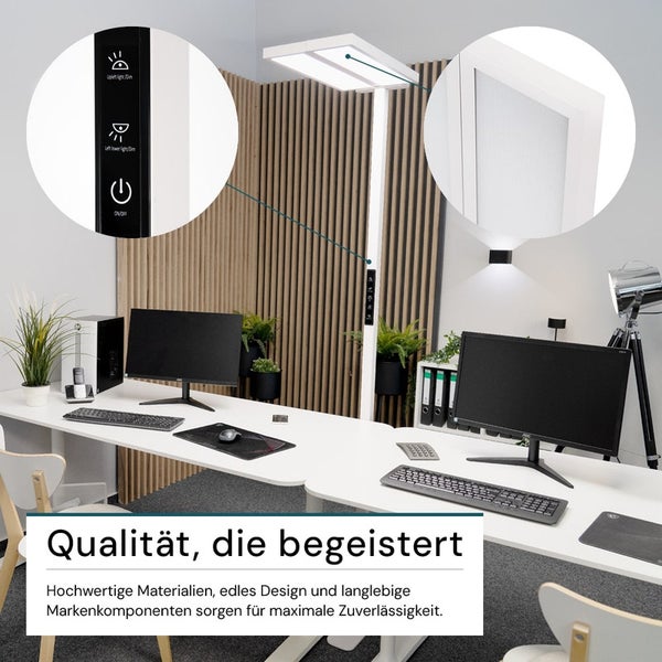 Szene eines modernen Arbeitsplatzes mit LED-Stehleuchte und Büroausstattung