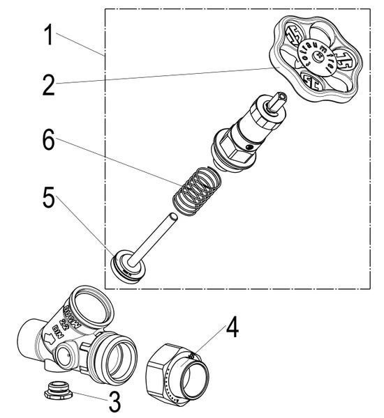 Technische Zeichnung einer Ventilbaugruppe mit Handrad, Feder, Kolben und Gehäuse, nummeriert von eins bis sechs.