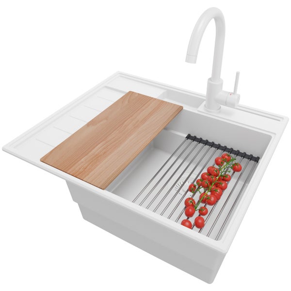 PRIMAGRAN Granitspüle Alles Weiß 62x53cm, Spülbecken 1 Becken + Küchenarmatur 32x20cm + Ablauf-Set + Küchenzubehörset, Küchenspüle ab 45er Unterschrank - Sydney Pocket