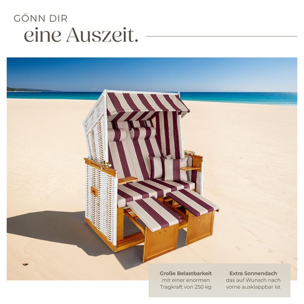 Strandkorb tectake Sylt 115 x 158 x 78 cm gepolstert mit ausziehbaren Fußbänkchen rot/weiß