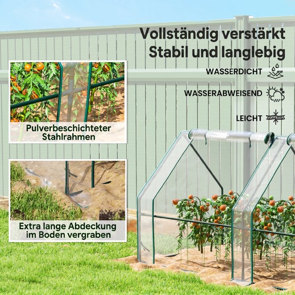 Tomatenhaus mit pulverbeschichtetem Stahlrahmen, wasserdichter und wasserabweisender Folie und verlängerter Abdeckung zum Vergraben im Boden.