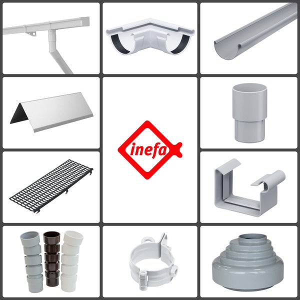 Collage verschiedener Dachrinnenkomponenten und Zubehörteile für Entwässerungssysteme inklusive Inefa Logo.