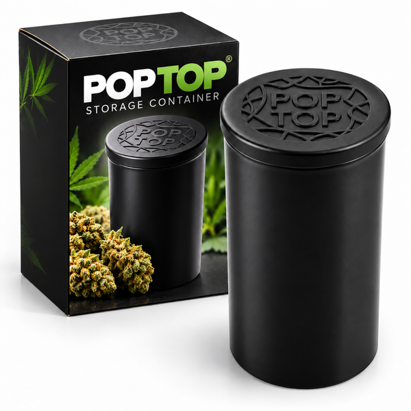 Pop Top Aufbewahrungsbehälter aus Kunststoff in zylindrischer Form mit Deckel neben der entsprechenden Produktverpackung.