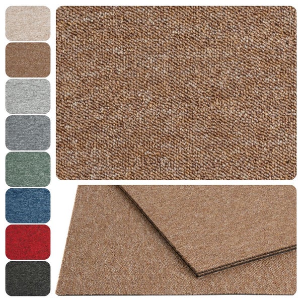 Nadelfilz-Teppichfliese mit Rips-Struktur, verschiedene Farben zur Auswahl, Nahaufnahme der Oberfläche und Seitenansicht.