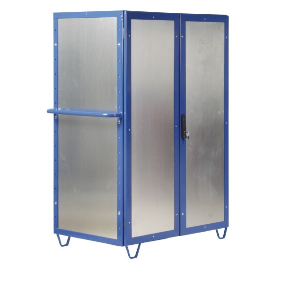 Blauer Werkzeugschrank mit Metallplatten und abschließbarer Tür