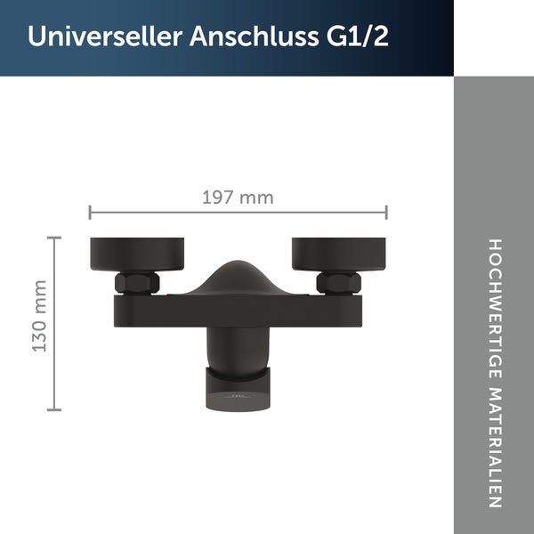 Technische Zeichnung mit Maßen von einem Anschluss für Armaturen, Breite 197 Millimeter, Höhe 130 Millimeter, universeller Anschluss G1/2