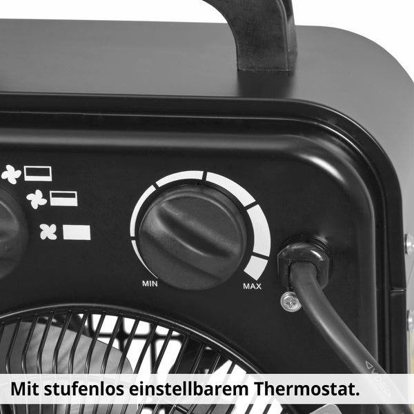 Detailansicht eines Heizlüfters mit stufenlos einstellbarem Thermostat