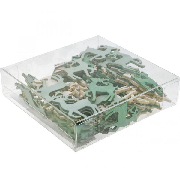 Dekofiguren aus Holz, Rentierform, in einer transparenten Kunststoffbox