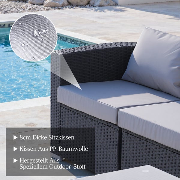 Detailansicht einer grauen Gartenlounge aus Rattan mit wasserabweisenden Kissen