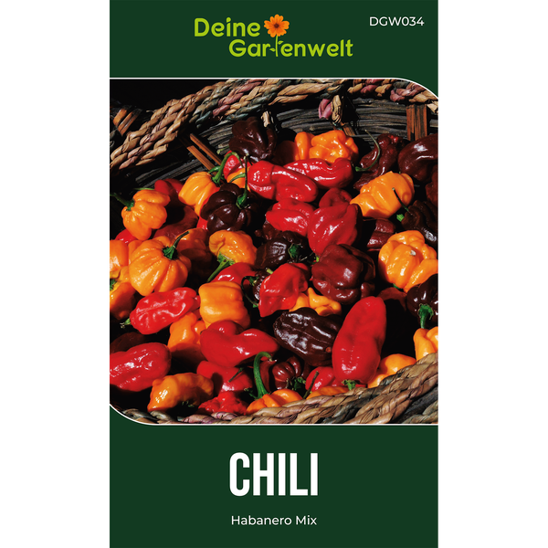 Deine Gartenwelt Logo. Samenhülle für Chili Habanero Mix mit einer Abbildung von verschiedenen Habanero-Schoten in einem Korb.