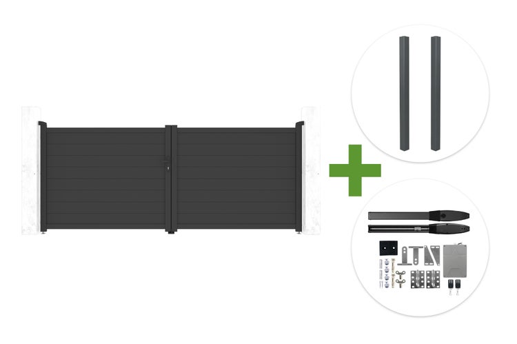 Zweiflügeliges Hoftor aus Aluminium in Anthrazit inklusive zwei Pfosten und elektrischem Drehtorantrieb Set mit Zubehör.