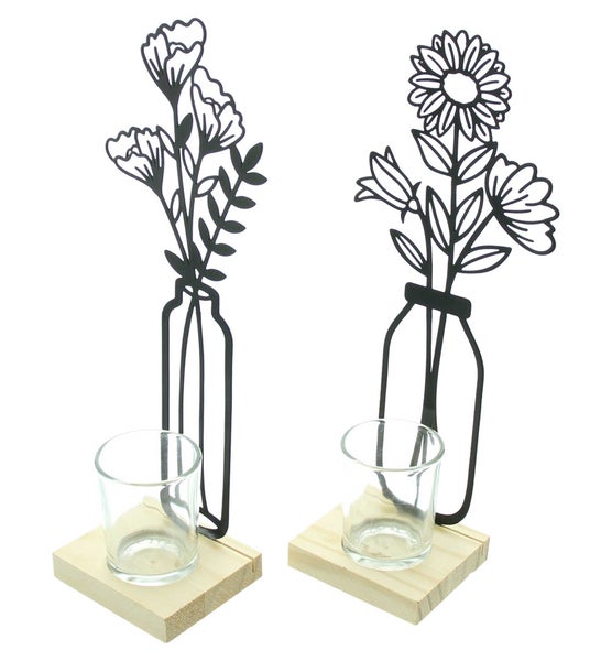 FRANK FLECHTWAREN | Teelichthalter Metallblumen, 2er Set, METALL, HOLZ, GLAS, 7 x 10,5 x 27,5 cm