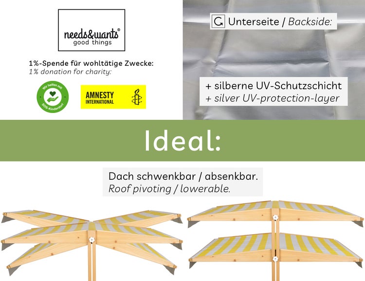 needs&wants® Sandkasten mit Dach Sitzbank und Boden Vlies-Folie, mit Abdeckung Oxford 600D, Sandkiste Holz rechteckig mit Bänken Outdoor Garten Kinder UV-Sonnenschutz, gelb weiß braun