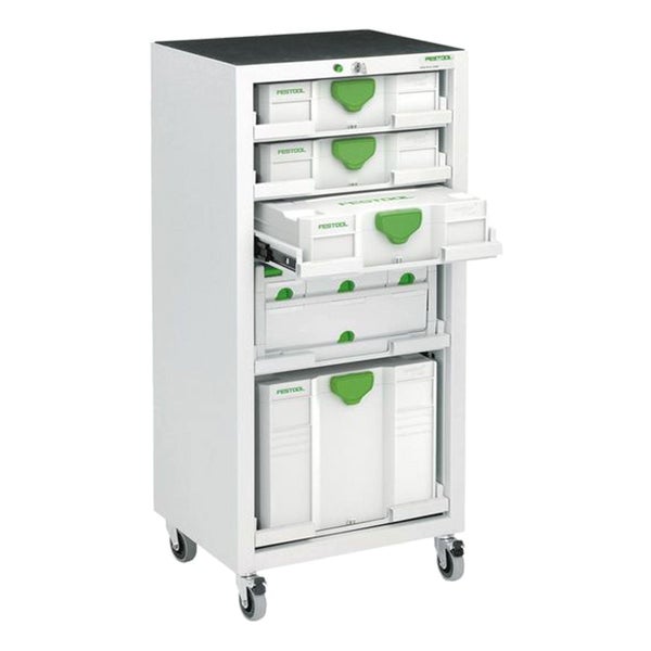 Mobiler Festool Systainer-Port SYS-Port 1000/2 aus Stahlblech mit fünf höhenverstellbaren Fachböden und feststellbaren Rollen. Festool Logo.