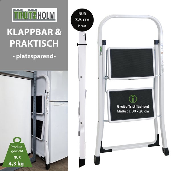 Trutzholm Haushaltsleiter klappbar mit zwei Stufen, platzsparend mit einer Tiefe von 3,5 Zentimetern, große Trittflächen und 4,3 Kilogramm Gewicht.