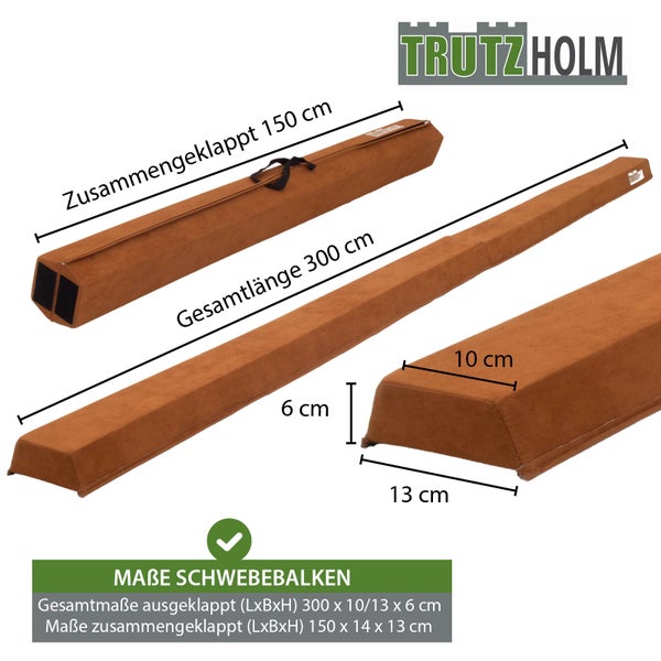Schwebebalken mit EVA-Schaum-Kern, 10 Zentimeter breite Standfläche und rutschhemmender Unterseite mit Noppen für stabiles Turnen.