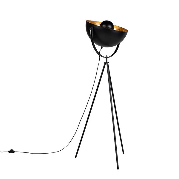 Schwarze Stehlampe mit Stativfuß und halbkugelförmigem Lampenschirm