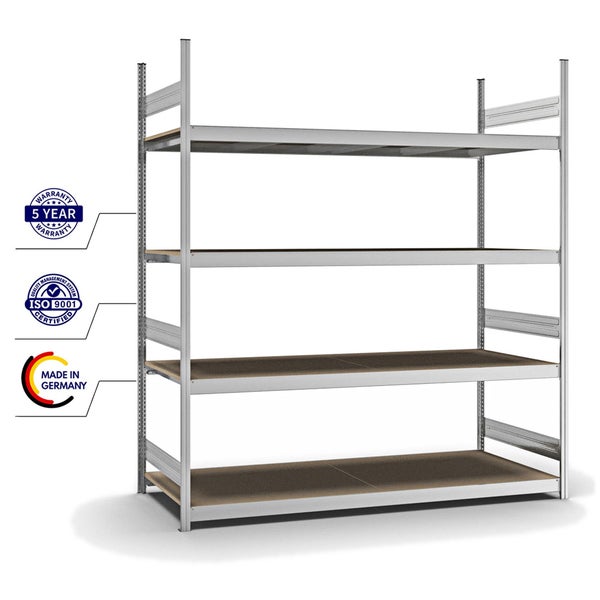 PROREGAL Weitspannregal Stecksystem T-Profil Grundregal HxBxT 250x225x80 cm 4 Ebenen Spanplatten Fachboden Fachlast 350 kg Verzinkt